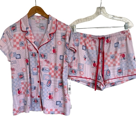 Rae Dunn Women's Pink Blue Patterned Pajama Set Pineapple Checkered Shell Sun - Picture 1 of 7